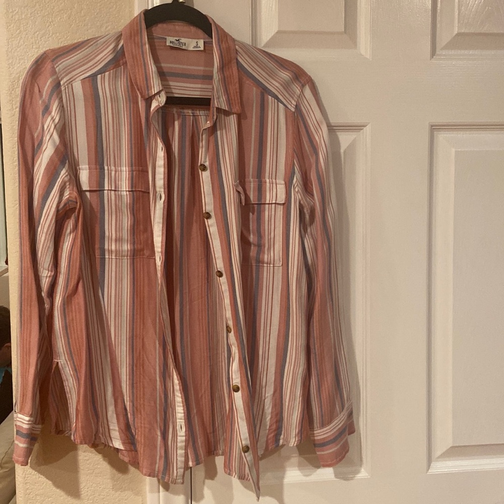 Striped Hollister pink and blue collared shirt